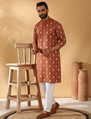 Cotton blend geometric printed rust kurta 5