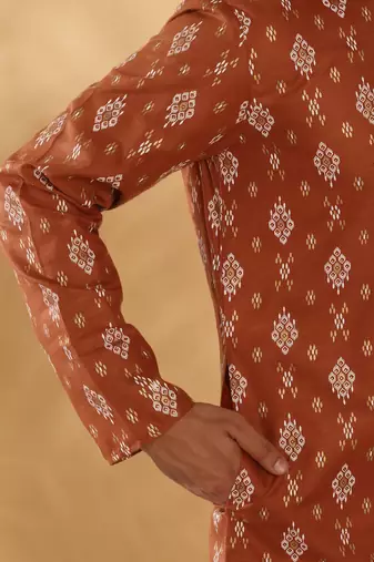 Cotton blend geometric printed rust kurta