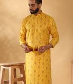 Cotton blend geometric printed yellow kurta