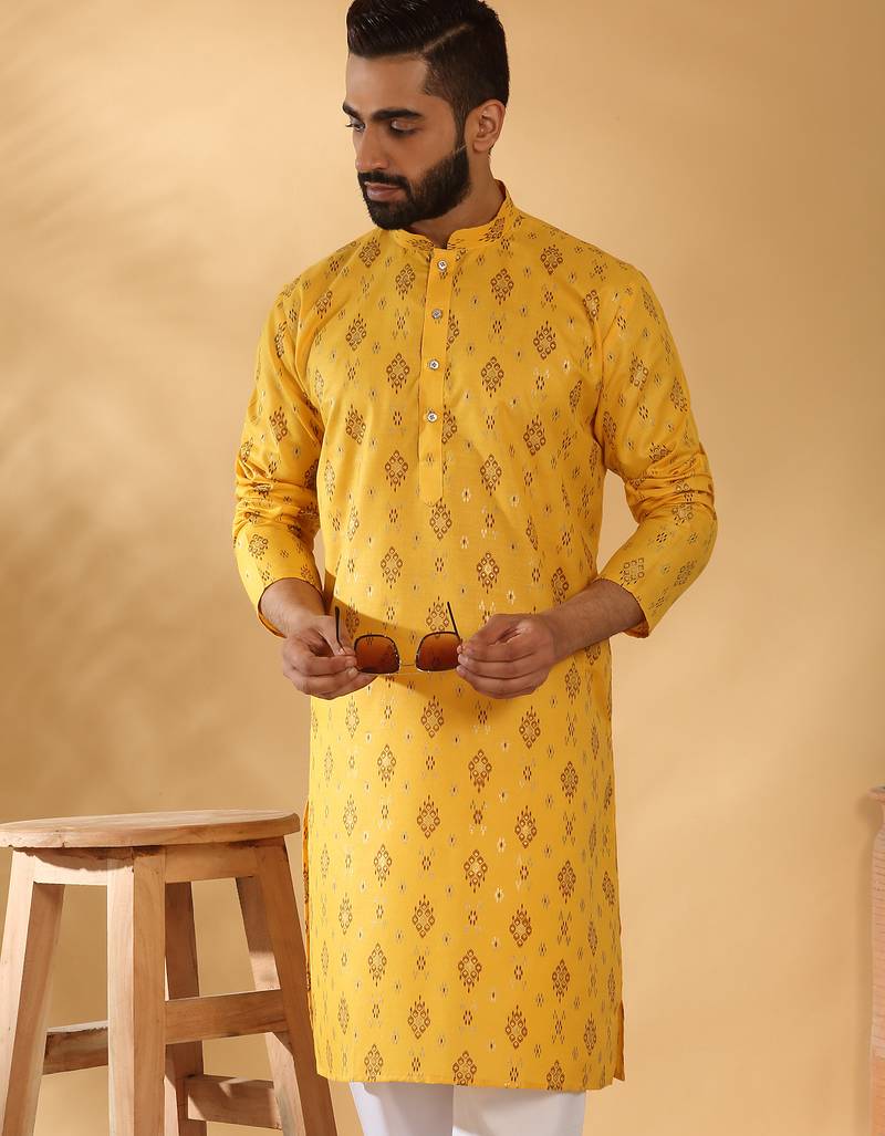 Cotton blend geometric printed yellow kurta
