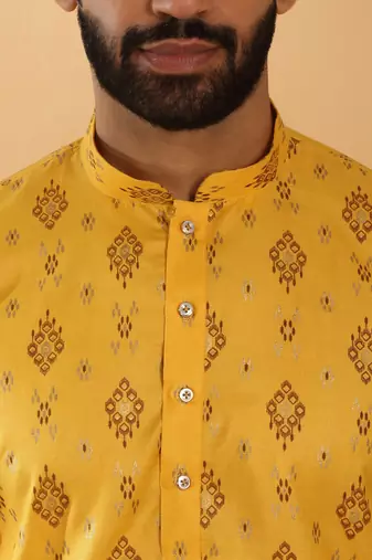 Cotton blend geometric printed yellow kurta