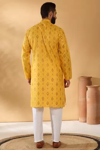 Cotton blend geometric printed yellow kurta