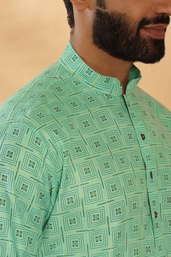 Cotton blend floral printed green kurta