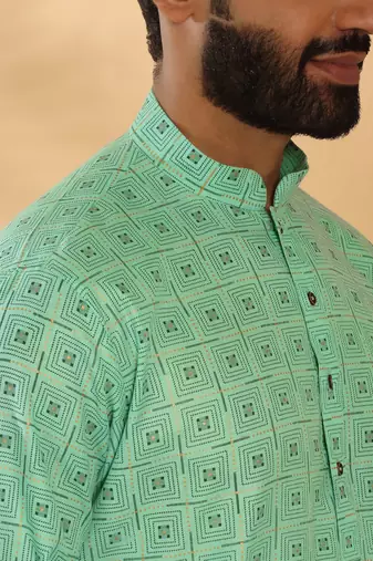 Cotton blend floral printed green kurta