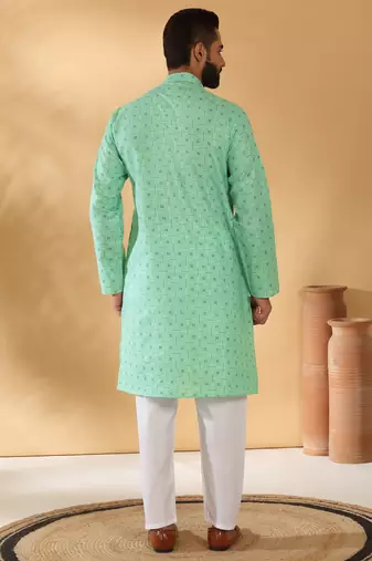 Cotton blend floral printed green kurta