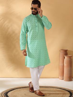 Cotton blend floral printed green kurta 1