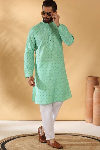 Cotton blend floral printed green kurta