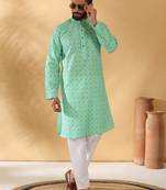 Cotton blend floral printed green kurta