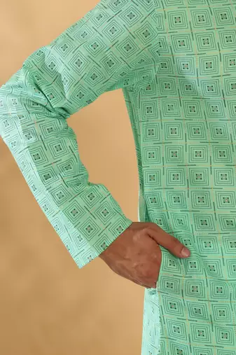 Cotton blend floral printed green kurta