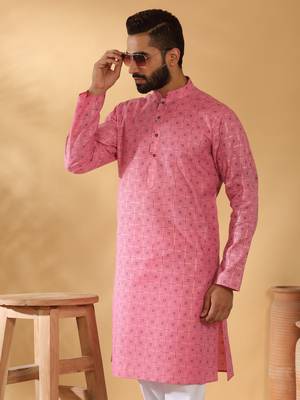 Cotton blend floral printed pink kurta 1