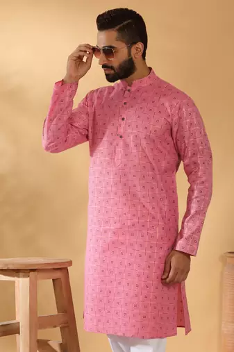 Cotton blend floral printed pink kurta