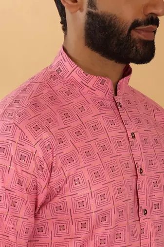 Cotton blend floral printed pink kurta