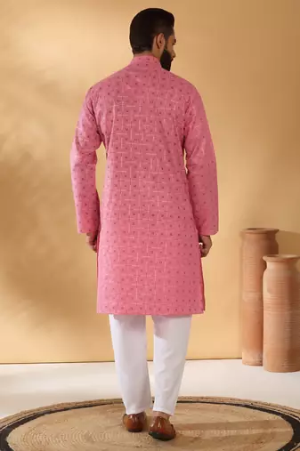 Cotton blend floral printed pink kurta