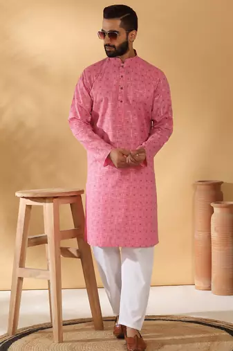 Cotton blend floral printed pink kurta