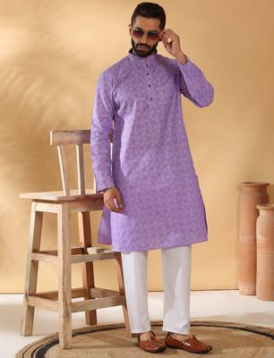 Cotton blend floral printed purple kurta 5