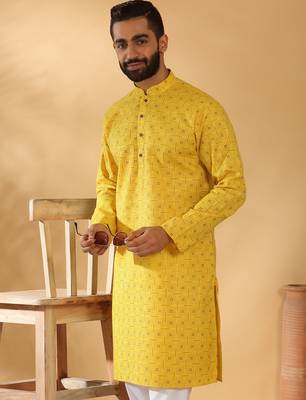 Cotton blend floral printed yellow kurta 1