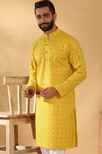 Cotton blend floral printed yellow kurta