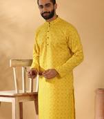 Cotton blend floral printed yellow kurta