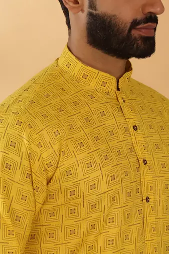 Cotton blend floral printed yellow kurta