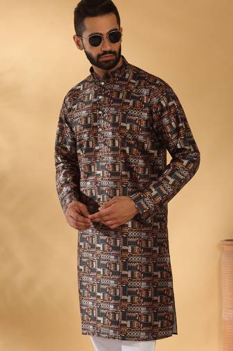 Silk blend abstract printed black kurta