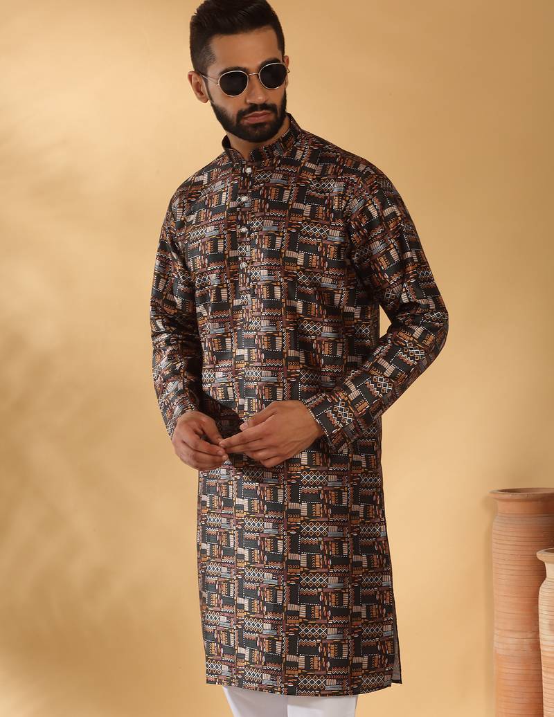 Silk blend abstract printed black kurta