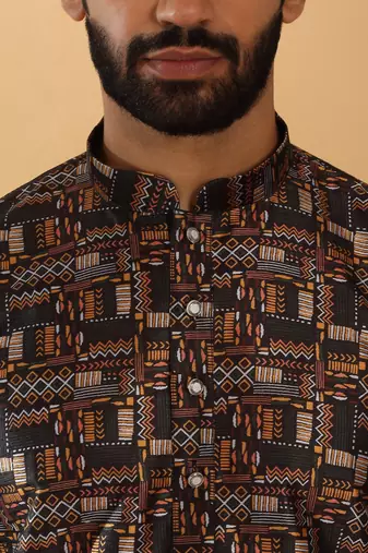 Silk blend abstract printed black kurta