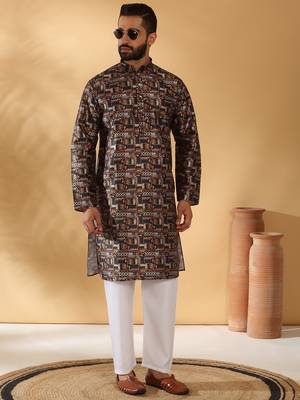 Silk blend abstract printed black kurta 4