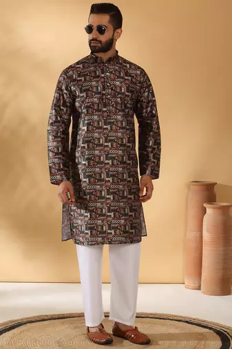 Silk blend abstract printed black kurta