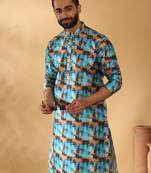 Silk blend abstract printed blue kurta