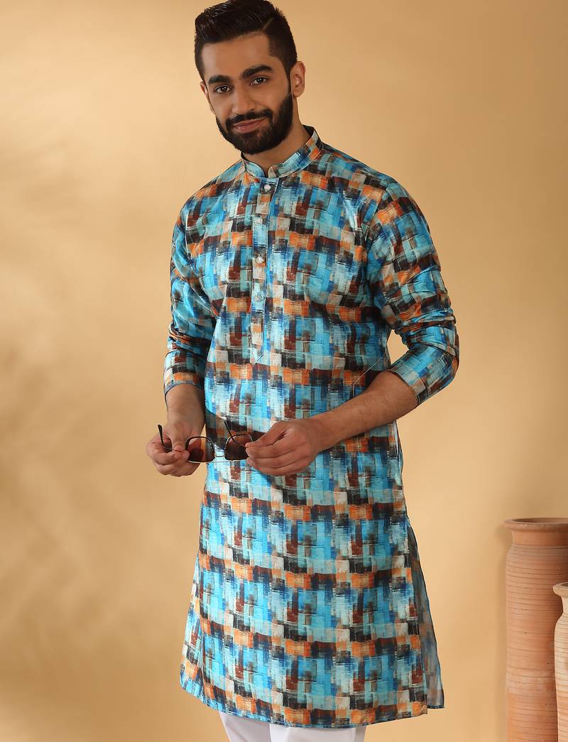 Silk blend abstract printed blue kurta