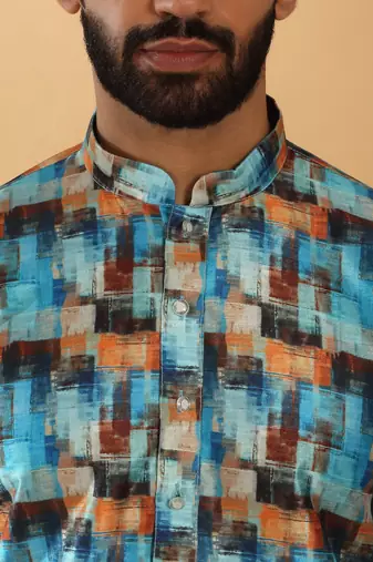 Silk blend abstract printed blue kurta