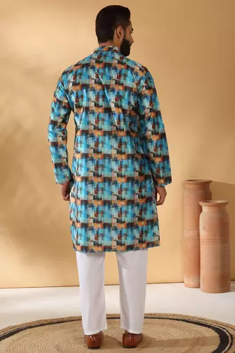 Silk blend abstract printed blue kurta
