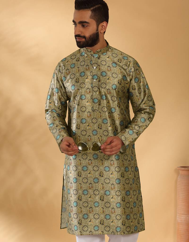 Silk blend abstract printed Green kurta
