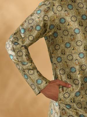 Silk blend abstract printed Green kurta 5