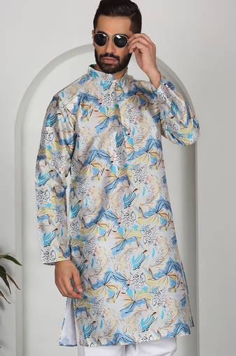 Silk blend floral printed blue kurta