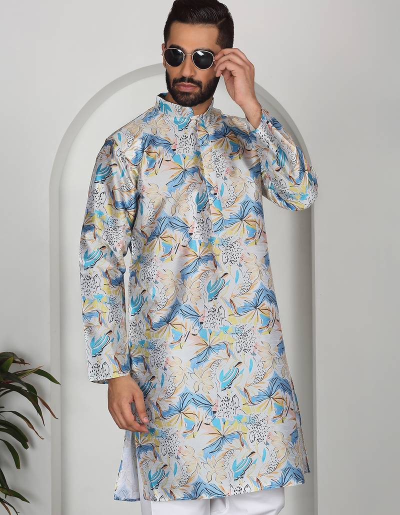 Silk blend floral printed blue kurta