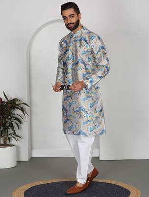 Silk blend floral printed blue kurta 4
