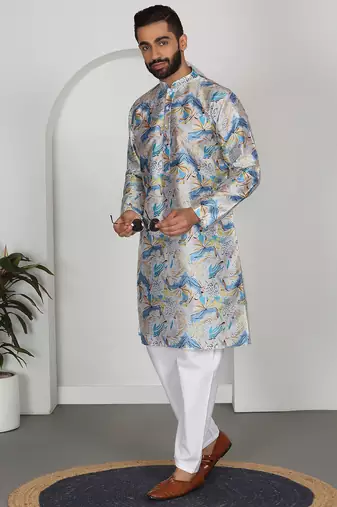 Silk blend floral printed blue kurta