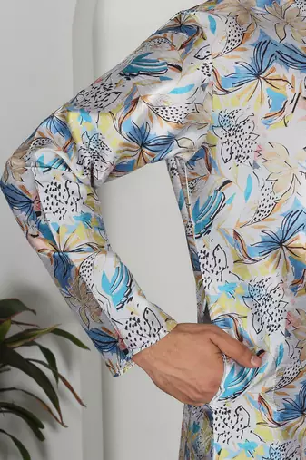 Silk blend floral printed blue kurta