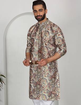 Silk blend floral printed beige kurta 1