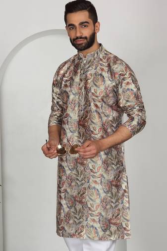 Silk blend floral printed beige kurta