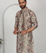 Silk blend floral printed beige kurta