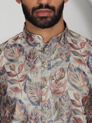 Silk blend floral printed beige kurta 2