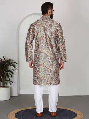 Silk blend floral printed beige kurta 3