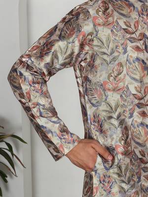 Silk blend floral printed beige kurta 5
