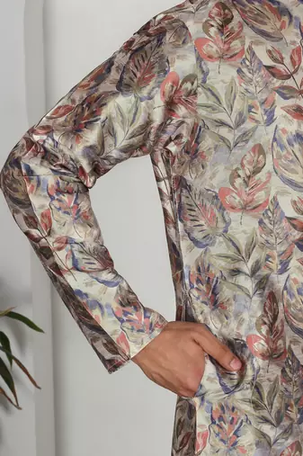Silk blend floral printed beige kurta