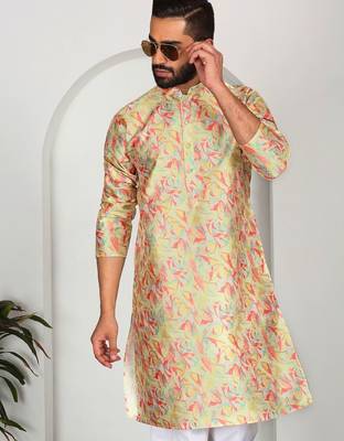Silk blend floral printed lime yellow kurta 1