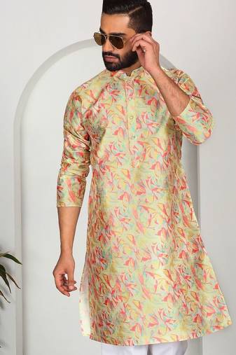 Silk blend floral printed lime yellow kurta