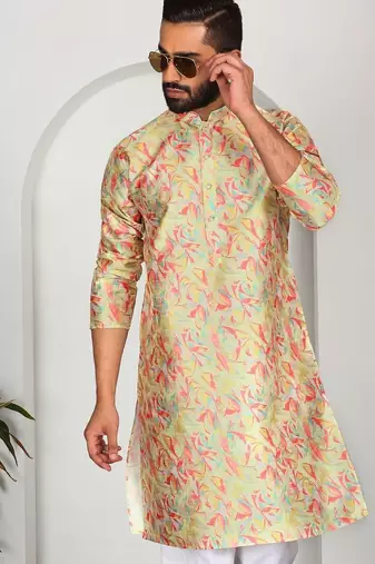 Silk blend floral printed lime yellow kurta