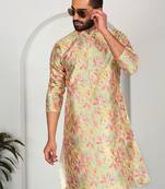 Silk blend floral printed lime yellow kurta